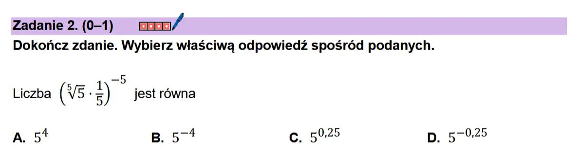 Zadanie 2.(0-1) comn/  Dokonicz zdanie. Wybierz wiaSciwa odpowiedz sposr6d podanych.  —5 Liczba (5-5) jest rowna  A. 54 B. 574 ©, 5925 D. 57925