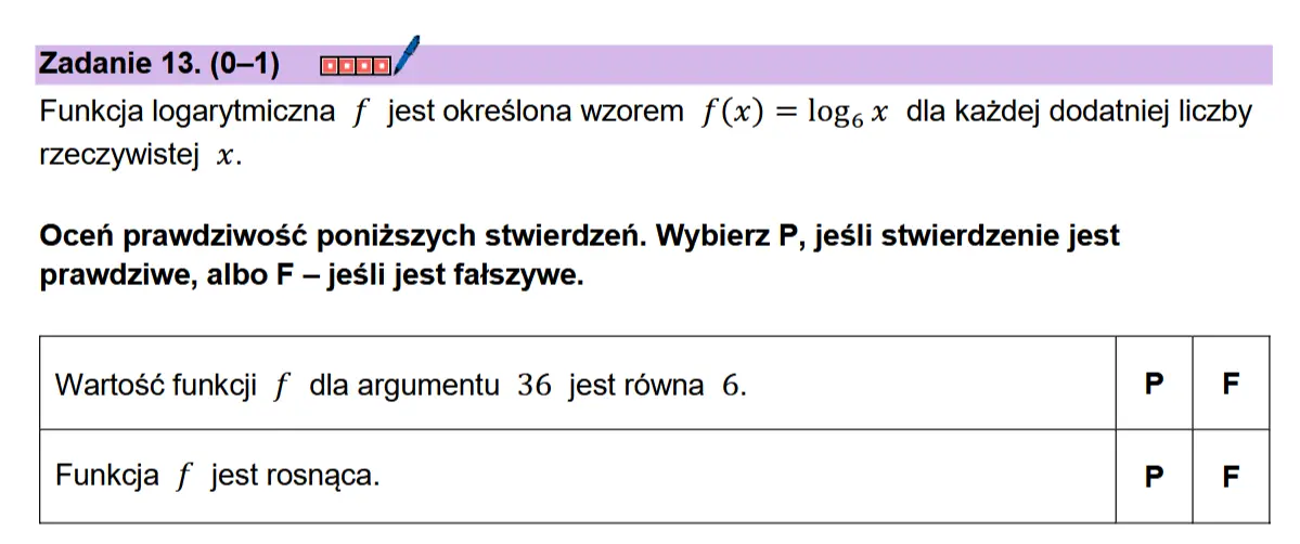 Zadanie 13. (0-1) coon/  Funkcja logarytmiczna f jest okreslona wzorem f(x) = log,.x dla kazdej dodatniej liczby rzeczywistej x.  Ocen prawdziwosé ponizszych stwierdzen. Wybierz P, jesli stwierdzenie jest prawdziwe, albo F — jesli jest fatszywe.  Wartosé funkcji f dla argumentu 36 jest rowna 6. P F  Funkcja f jest rosnaca. P| F